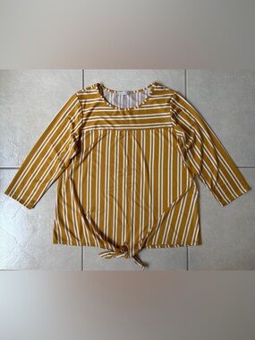 Coco's Clozet Women’s XL Mustard/White Stripe Tie Front Blouse Vintage